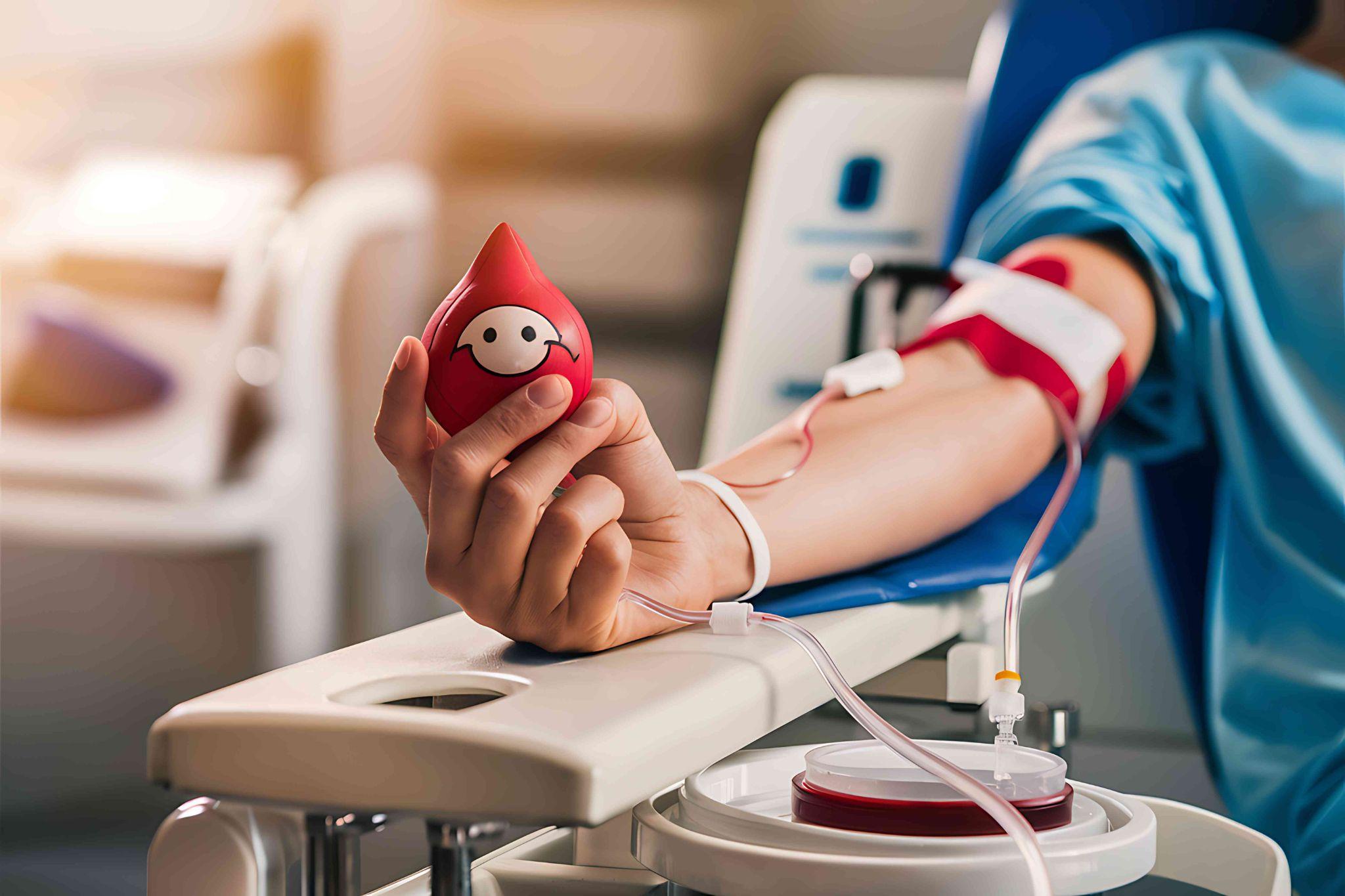 A donor squeezing a red drop-shaped stress ball while blood flows through a tube into a collection bag.